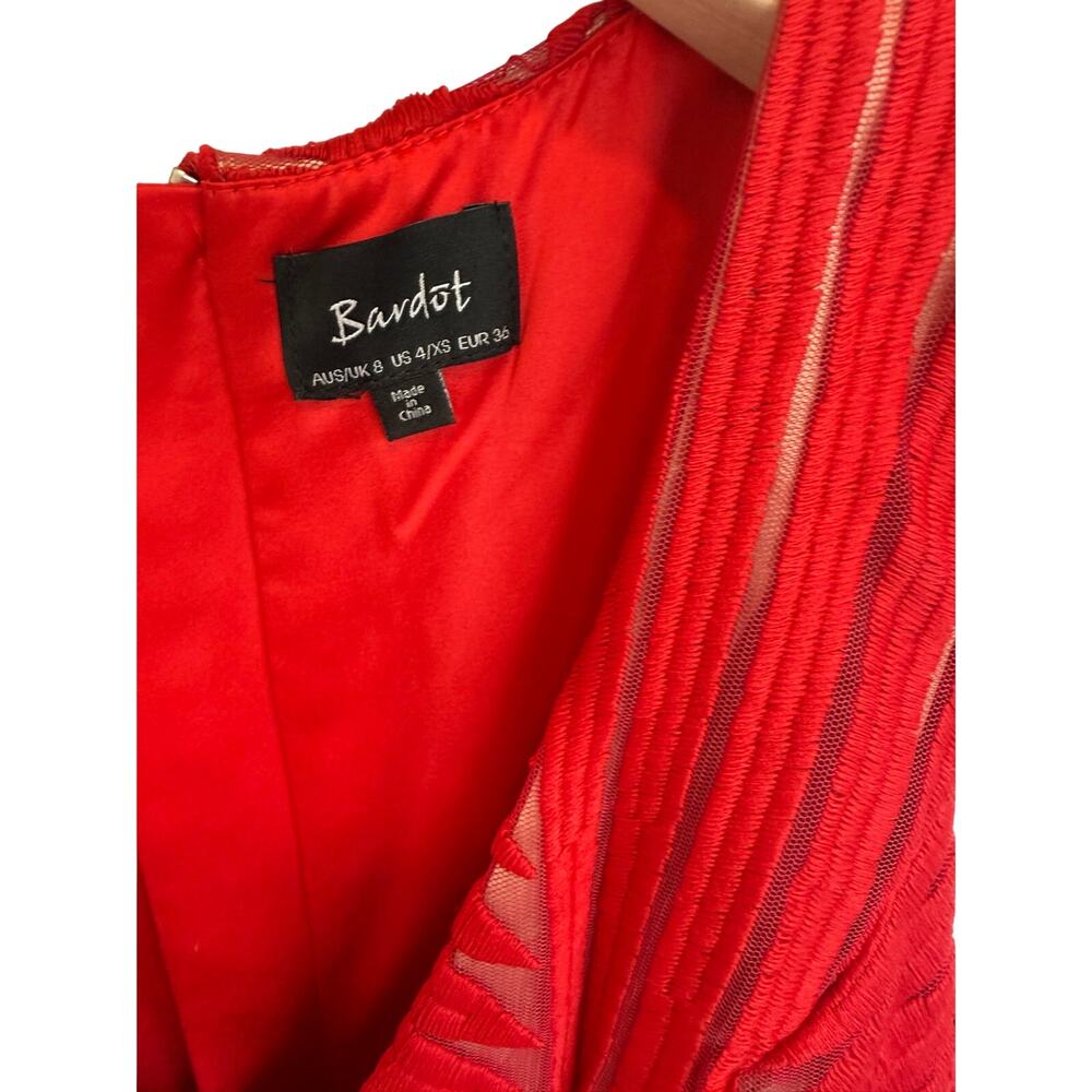 Bardot Embroidered Mesh Cocktail Dress Red XS Sheath Lace Overlay - Picture 7 of 10